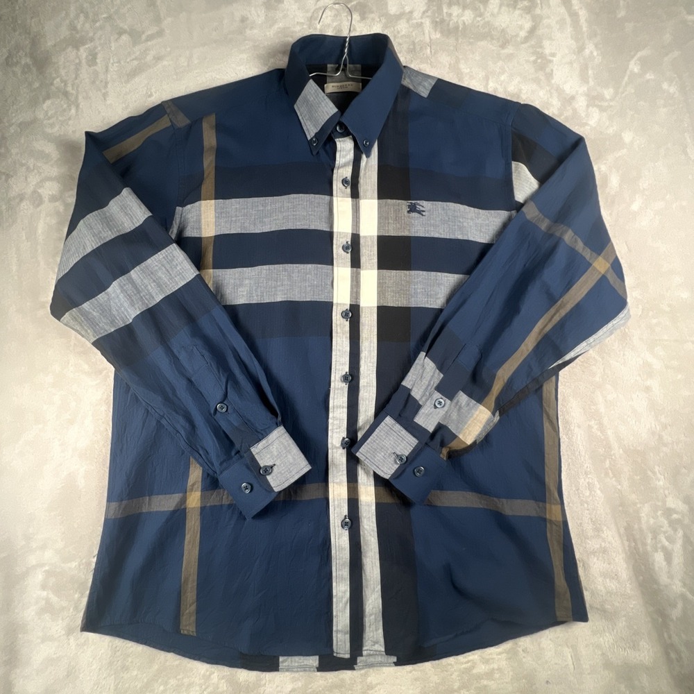 Burberry Brit Shirt Mens Size XLarge Blue Nova Check Long Sleeve Button Luxury